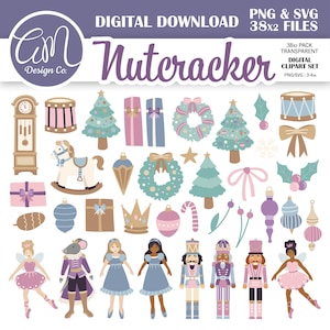 May include: Digital download of a Nutcracker-themed clipart set. The image features various Christmas-themed illustrations, including a clock, drum, Christmas trees, presents, wreaths, ornaments, and nutcracker figures. The color palette includes pastel pinks, blues, and greens.