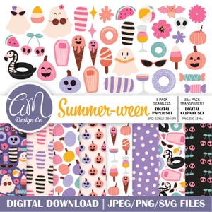 May include: A digital download graphic set with a "Summer-ween" theme. The set includes illustrations of ghosts, pumpkins, ice cream, and beach items. The colour palette features pink, purple, and black. The text "Summer-ween" is displayed in a cursive font.