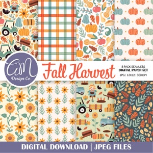 May include: A set of eight digital paper designs featuring fall harvest themes. The designs include a plaid pattern, a pumpkin and leaf pattern, a sunflower pattern, a scarecrow and tractor pattern, and a fall leaf pattern. The papers are 12x12 inches and 300 DPI.