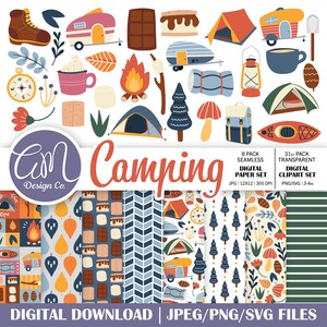 May include: A digital download graphic set with a camping theme. The image features illustrations of a tent, campfire, camper, compass, and other camping-related items. The text "Camping" is displayed prominently, along with information about the digital files.