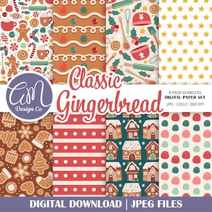 Puede incluir: Un conjunto de papel digital de 8 paquetes con el tema "Classic Gingerbread". El conjunto incluye varios patrones sin costuras con hombres de jengibre, bastones de caramelo, utensilios para hornear y patrones de estrellas. La paleta de colores incluye rojo, marrón y blanco.