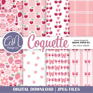 May include: A set of eight digital paper designs featuring pink and white patterns. The patterns include cherries, bows, polka dots, and plaid. The text "Coquette" and "8 Pack Seamless Digital Paper Set" is included in the image.