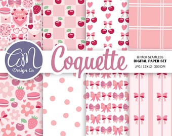 Coquette digitaal papier, zacht meisje esthetisch naadloos patroon, aardbei of kersen plakboekpapier, coquette strik achtergrond, commercieel gebruik
