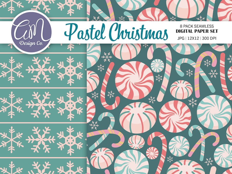 Pink Christmas Digital Paper, Pastel Seamless Pattern, Candy Cane