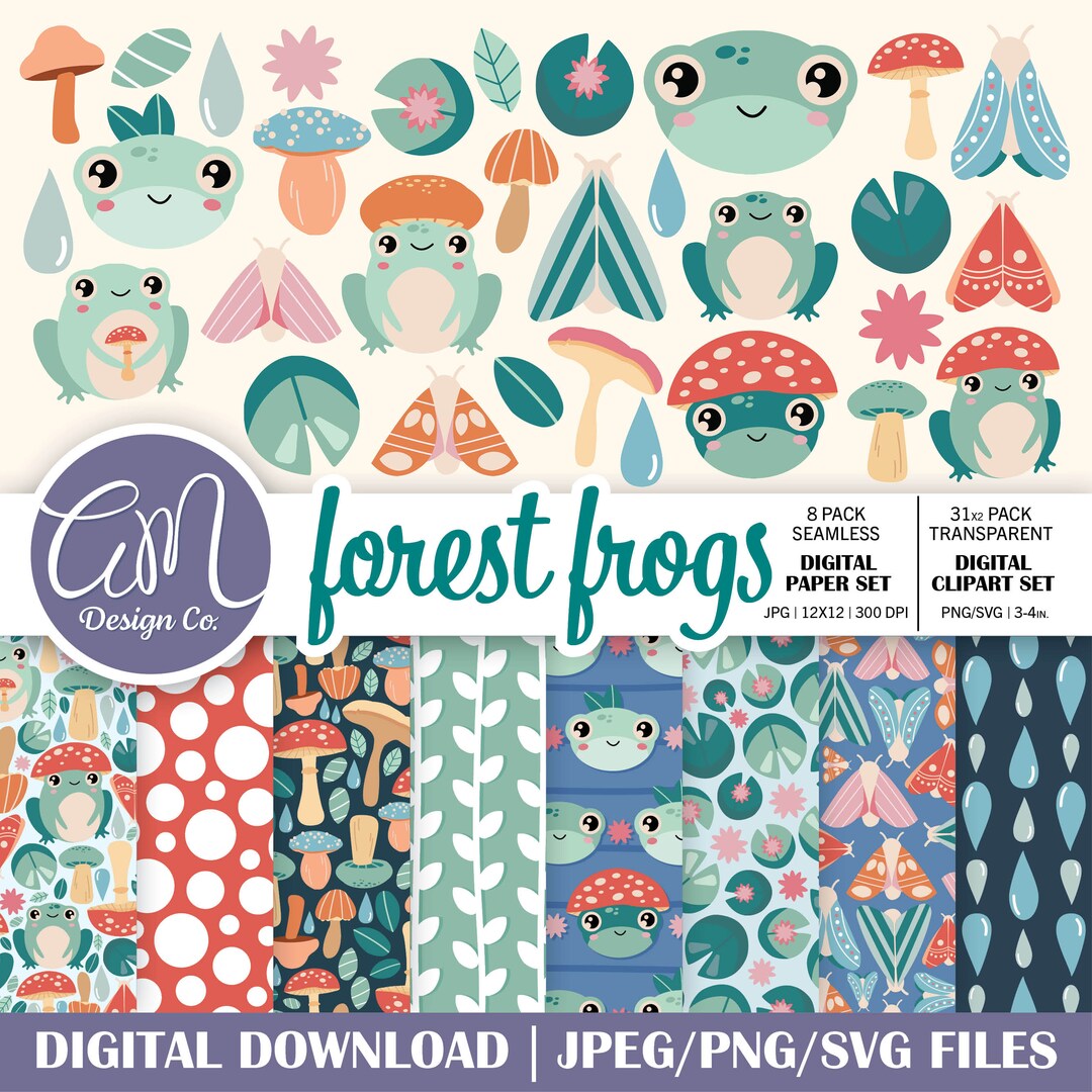 Spring Cute Frog Digital Paper and Clipart Set, Mushroom Seamless ...