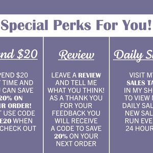 K&ouml;nnte beinhalten: Eine lila und wei&szlig;e Grafik mit dem Text "Special Perks For You!" und drei Abschnitten: "Spend $20", "Review" und "Daily Sales". Jeder Abschnitt enth&auml;lt eine Liste von Vorteilen f&uuml;r Kunden, wie z. B. Rabatte und Sonderangebote.