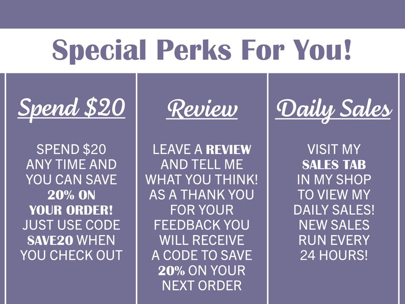 K&ouml;nnte beinhalten: Eine lila und wei&szlig;e Grafik mit dem Text "Special Perks For You!" und drei Abschnitten: "Spend $20", "Review" und "Daily Sales". Jeder Abschnitt enth&auml;lt eine Liste von Vorteilen f&uuml;r Kunden, wie z. B. Rabatte und Sonderangebote.