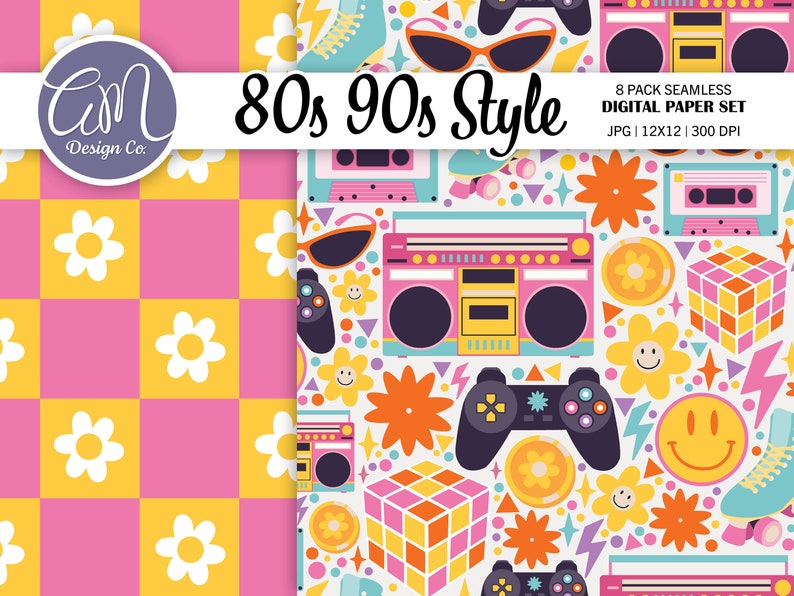 Smiley 80s Pattern 80s 90s Digital Paper, Y2K Aesthetic Seamless Pattern, 90s Party ...