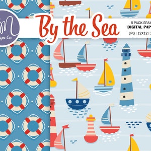 Nautical Summer Digital Paper and Clipart Set, Marine Seamless Pattern ...