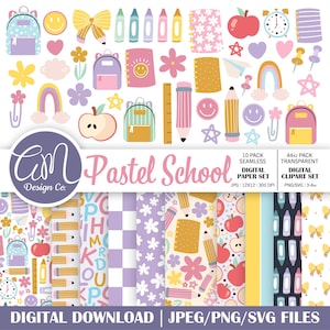 Conjunto de padrões e clipart pastel de volta às aulas, clipart de professor Cutecore, papel digital para decoração de sala de aula, uso comercial png svg jpeg