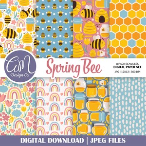 Puede incluir: Un paquete de papel digital con ocho patrones sin costuras que presentan abejas, miel, arcoíris y diseños de panal. Los patrones están en una variedad de colores, incluyendo amarillo, azul, rosa y verde. El texto "Spring Bee" se muestra en una pancarta rosa.