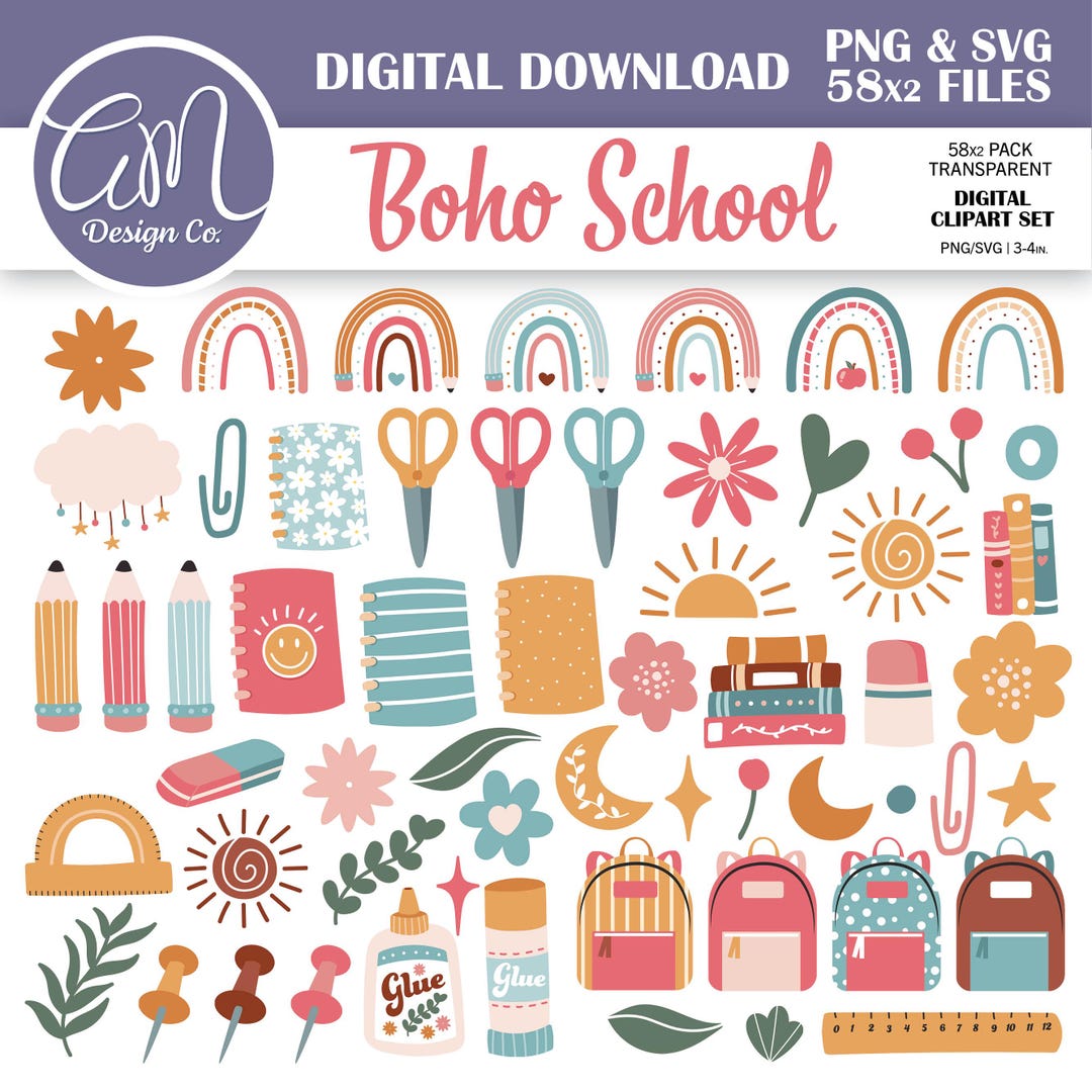 Hand Drawn Boho Back to School Clipart Bundle, Bulletin Board Graphics ...