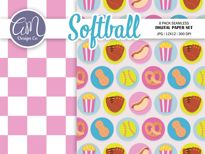 Hand Drawn Softball Digital Paper, Girly Sports Seamless Patterns ...