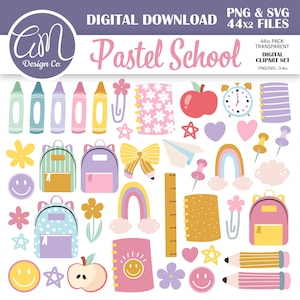 Pastel terug naar school of einde van school clipartset, leraar clipart, Cutecore klas decor, homeschool, opvoeders commercieel gebruik png svg
