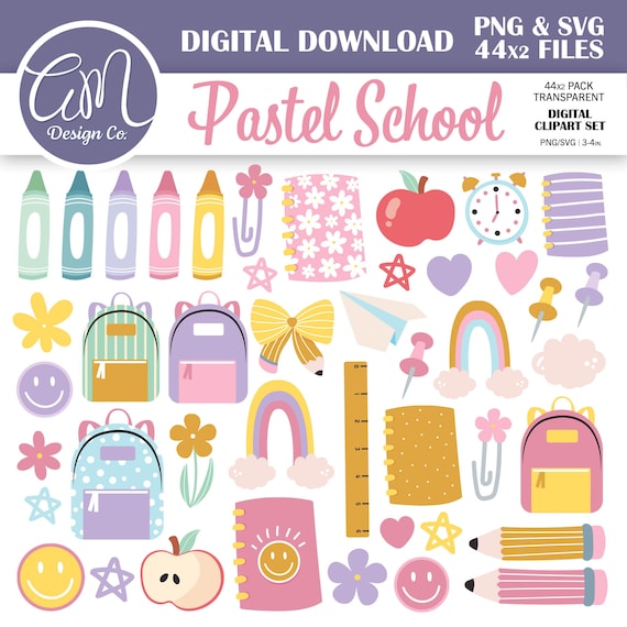 Pastel Back to School or End of School Clipart Set, Teacher Clipart, Cutecore Classroom Decor, Homeschool, Educators Commercial use png svg