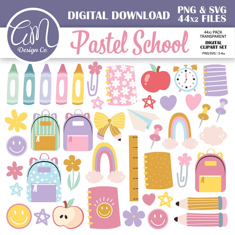 Puede incluir: Un conjunto de im&aacute;genes predise&ntilde;adas digitales con ilustraciones escolares. Incluye crayones, mochilas, cuadernos, una manzana, un reloj y una regla. Se muestra el texto "Pastel School". El conjunto incluye archivos PNG y SVG.