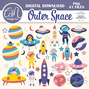 Outer Space Clipart Set, Alien Astronaut Planet Digital Stickers, Vector Space Graphic, Celestial Moon and Stars, Commercial Use, PNG