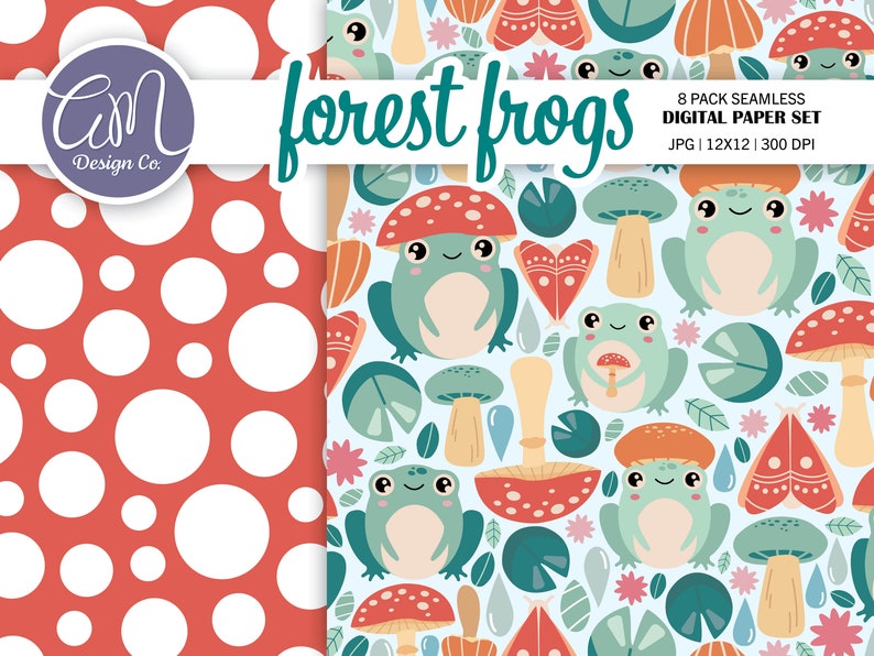 Spring Cute Frog Digital Paper, Mushroom Seamless Pattern, Cottage Core ...