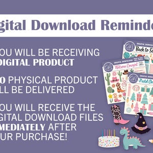 May include: Digital download reminder with text. The image includes three digital download packs: "Back to School", "Western Cowgirl", and "Pastel Christmas". The image also includes illustrations of a cake, dinosaur, and other graphics.