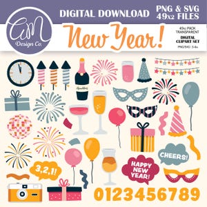 Bundle de cliparts nouvel an, clipart fête du Nouvel An pour agenda numérique, Invitation à une soirée boule disco, usage commercial, svg png