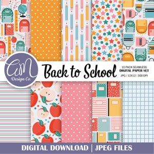 Padrão de volta às aulas sem emendas, papel digital para professor de educação para impressão, plano de fundo para sala de aula, mochila, maçã, papelaria para uso comercial