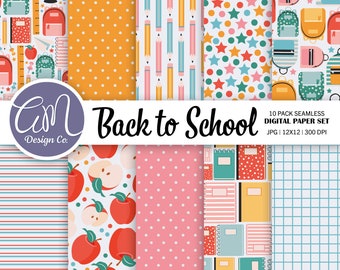 Patrón sin costuras para la vuelta al cole, papel digital imprimible para profesores, fondo para el aula, mochila, manzana, papelería para uso comercial.