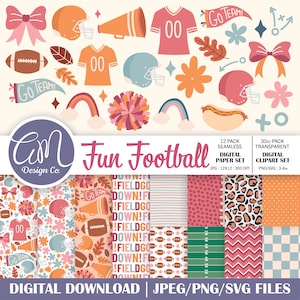 Fußball Mädchen Digitales Papier und Clipart-Set, Jubeln oder Sport Nahtloses Muster, Spieltag Hintergrund, Herbst und Herbst, kommerzielle Nutzung png svg jpeg