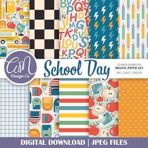 May include: A set of 10 digital papers featuring school-themed patterns. The patterns include a checkered design, a pattern of letters, a pattern of lightning bolts, a pattern of pencils, a pattern of grid paper, a pattern of backpacks, a pattern of stripes, a pattern of apples and sneakers, and a pattern of polka dots. The papers are 12x12 inches and 300 DPI.