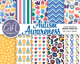 Papel digital de concienciación sobre el autismo, patrón sin costuras del espectro neurodivergente, papel de álbum de recortes neuropicante para TDAH, fondo arcoíris para uso comercial.