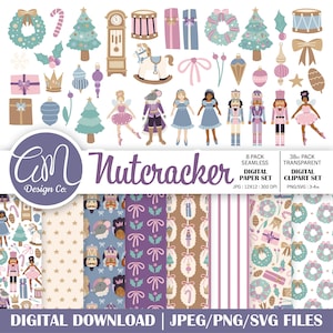 May include: A digital download graphic set featuring a variety of Nutcracker-themed illustrations. The set includes Christmas trees, ornaments, toy soldiers, ballerinas, and patterned papers. The color palette includes pink, blue, and brown tones. The text reads "Nutcracker" and "Digital Download".