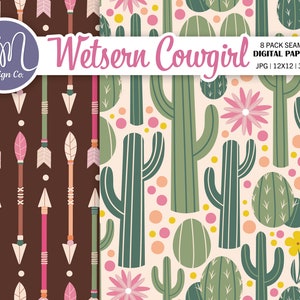 Western cowgirl digitaal papier, naadloos boho-landpatroon, cactusplakboekpapier, woestijnachtergrond, uitnodiging voor feest, commercieel gebruik afbeelding 3