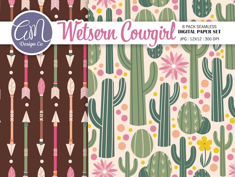 Western cowgirl digitaal papier, naadloos boho-landpatroon, cactusplakboekpapier, woestijnachtergrond, uitnodiging voor feest, commercieel gebruik afbeelding 3