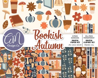 Bookish Light Academia Digitales Papier und Clipart-Set, Herbst Muster, Buchliebhaber Herbstblätter Kürbisse, kommerzielle Nutzung, PNG SVG JPEG