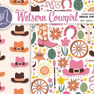Western cowgirl digitaal papier, naadloos boho-landpatroon, cactusplakboekpapier, woestijnachtergrond, uitnodiging voor feest, commercieel gebruik afbeelding 2