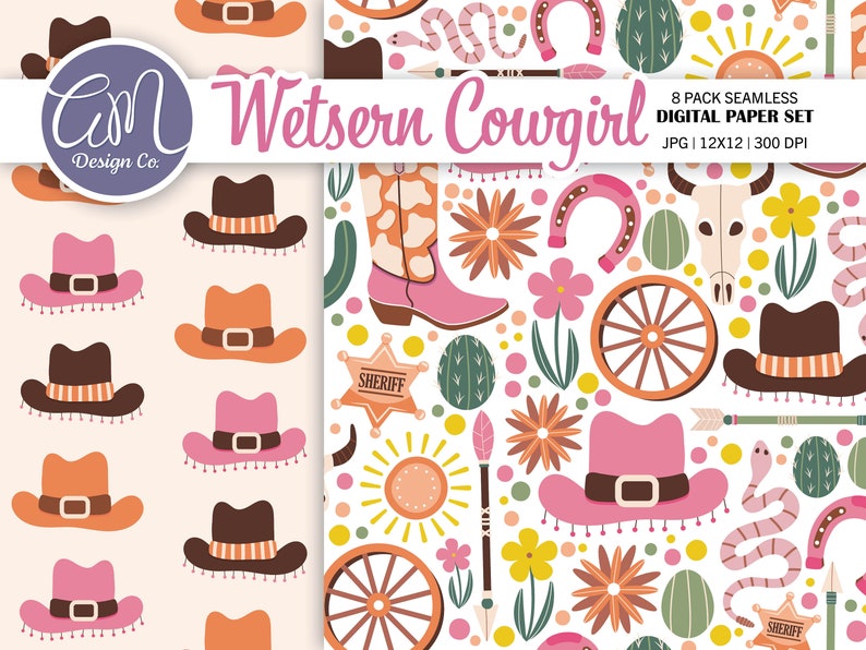 Western cowgirl digitaal papier, naadloos boho-landpatroon, cactusplakboekpapier, woestijnachtergrond, uitnodiging voor feest, commercieel gebruik afbeelding 2