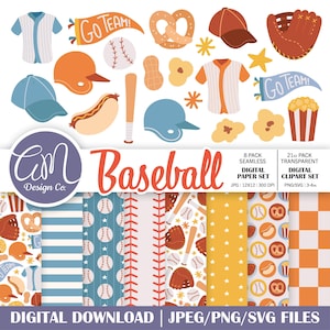 May include: A digital download graphic set with a baseball theme. The image includes baseballs, bats, helmets, jerseys, popcorn, and other baseball-related elements. The text "Baseball" is prominently displayed, along with "Digital Download" information.