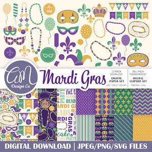 Mardi Gras Digital Paper and Clipart Set, Louisiana Fat Tuesday Clipart, Carnival Masquerade Seamless Pattern, Utilisation commerciale, jpeg png svg
