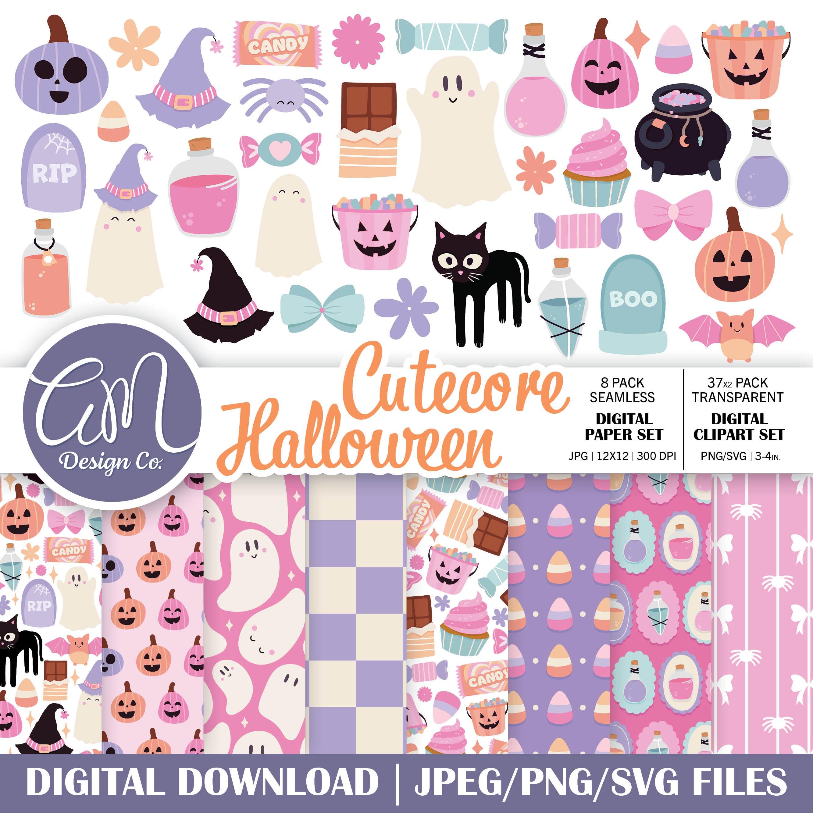 Cutecore Halloween Digital Papier und Clipart Set, Pastell gruseliges nahtloses Muster, rosa Kürbis Hintergrund, kommerzielle Nutzung, png svg jpeg