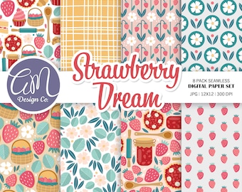 Erdbeergarten-Digitales Papier, Frühling und Sommer-nahtlose Muster, Bäckerei-Scrapbook-Papier, Cottagecore-Frucht-Hintergrund, kommerzielle Nutzung