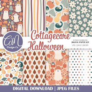 May include: A digital paper pack with 8 different patterns featuring cottagecore Halloween themes. The patterns include mushrooms, pumpkins, ghosts, leaves, and polka dots in various colors. The text "Cottagecore Halloween" is displayed in a handwritten font. The text "8 Pack Seamless Digital Paper Set" is displayed in a smaller font. The text "JPG | 12X12 | 300 DPI" is displayed in an even smaller font.