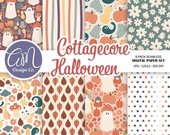 Pode incluir: Um pacote de papel digital com 8 padrões diferentes com temas de Halloween cottagecore. Os padrões incluem cogumelos, abóboras, fantasmas, folhas e bolinhas em várias cores. O texto "Cottagecore Halloween" é exibido em uma fonte manuscrita. O texto "8 Pack Seamless Digital Paper Set" é exibido em uma fonte menor. O texto "JPG | 12X12 | 300 DPI" é exibido em uma fonte ainda menor.