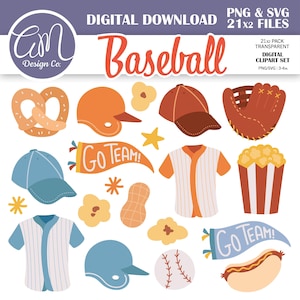 Könnte beinhalten: Digitales Clipart-Set mit Baseball-Illustrationen. Enthält einen Baseball, Kappen, Helme, Trikots, einen Handschuh, Popcorn, einen Hotdog und eine Brezel. Die Wörter "Baseball" und "Go Team!" sind ebenfalls vorhanden.