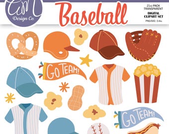 May include: Digital clipart set featuring baseball-themed illustrations. Includes a baseball, baseball caps, helmets, jerseys, a glove, popcorn, a hot dog, and a pretzel. The words "Baseball" and "Go Team!" are also present.