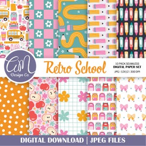 Può includere: Un set di carta digitale a tema scuola retrò. Il set include dieci motivi senza cuciture con autobus scolastici, matite, mele, zaini e fiocchi in una varietà di colori. Il testo recita "Retro School" e "Digital Download | JPEG Files".