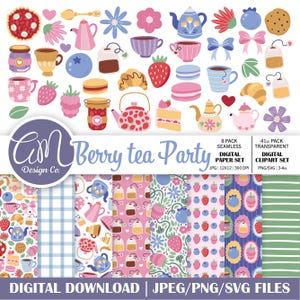 Hand Drawn Tea Party Clipart & Digital Paper, Spring Berry Seamless Patterns, (Commercial Use PNG, SVG, JPEG)