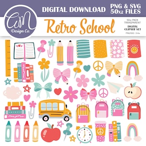 Puede incluir: Un conjunto de imágenes prediseñadas digitales con un tema escolar retro. La imagen presenta varias ilustraciones relacionadas con la escuela, incluyendo lápices, cuadernos, libros, un autobús escolar, mochilas y una manzana. La paleta de colores incluye rosa, amarillo, azul y naranja.
