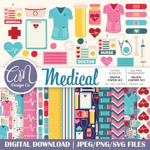Medicinskt digitalt papper och clipart-set, sjuksköterska läkare sömlöst mönster, stetoskop hälsovård scrapbook-papper, kommersiellt bruk, SVG PNG JPEG