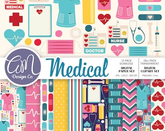 Medical Digital Paper and Clipart Set, Nurse Doctor Seamless Pattern, Stethoscope Healthcare Scrapbook Paper, Commercial Use, SVG PNG JPEG