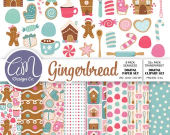 Gingerbread Digital Paper and Clipart Set, Pink Christmas Seamless Pattern, Pastel Holiday Background, Commercial Use, png svg jpeg
