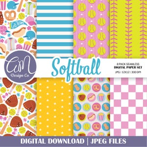 May include: A digital paper set featuring eight seamless patterns with a softball theme. Designs include softballs, baseball gloves, bats, and stripes in pink, yellow, and blue. The text "Softball" is displayed in a teal font.